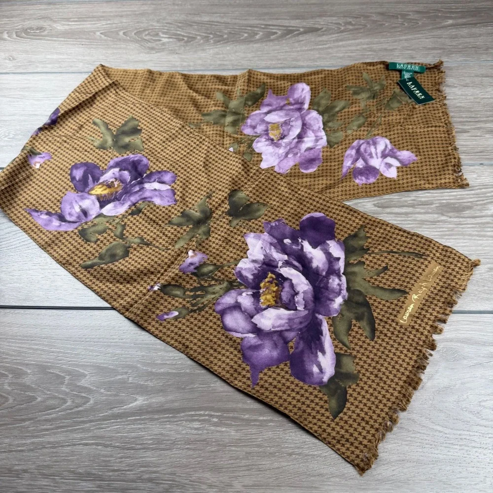 Lauren Ralph Lauren Womens Scarf Silk Floral Houndstooth Brown Purple OS